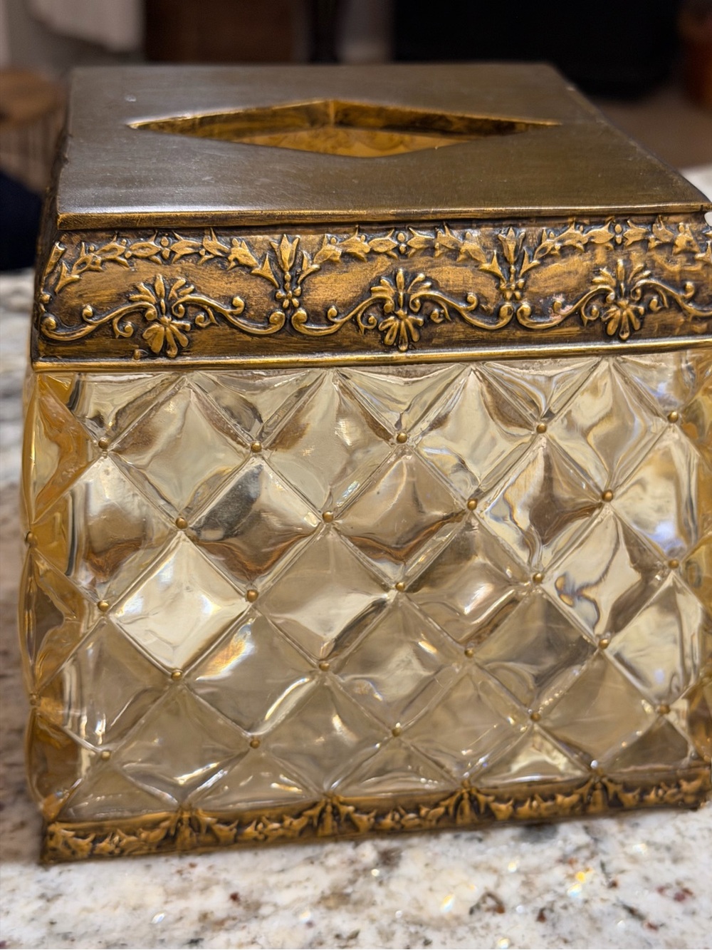 Vintage Amber Heavy Lucite Acrylic Diamond Square Tissue Box Holder Gold Ornate